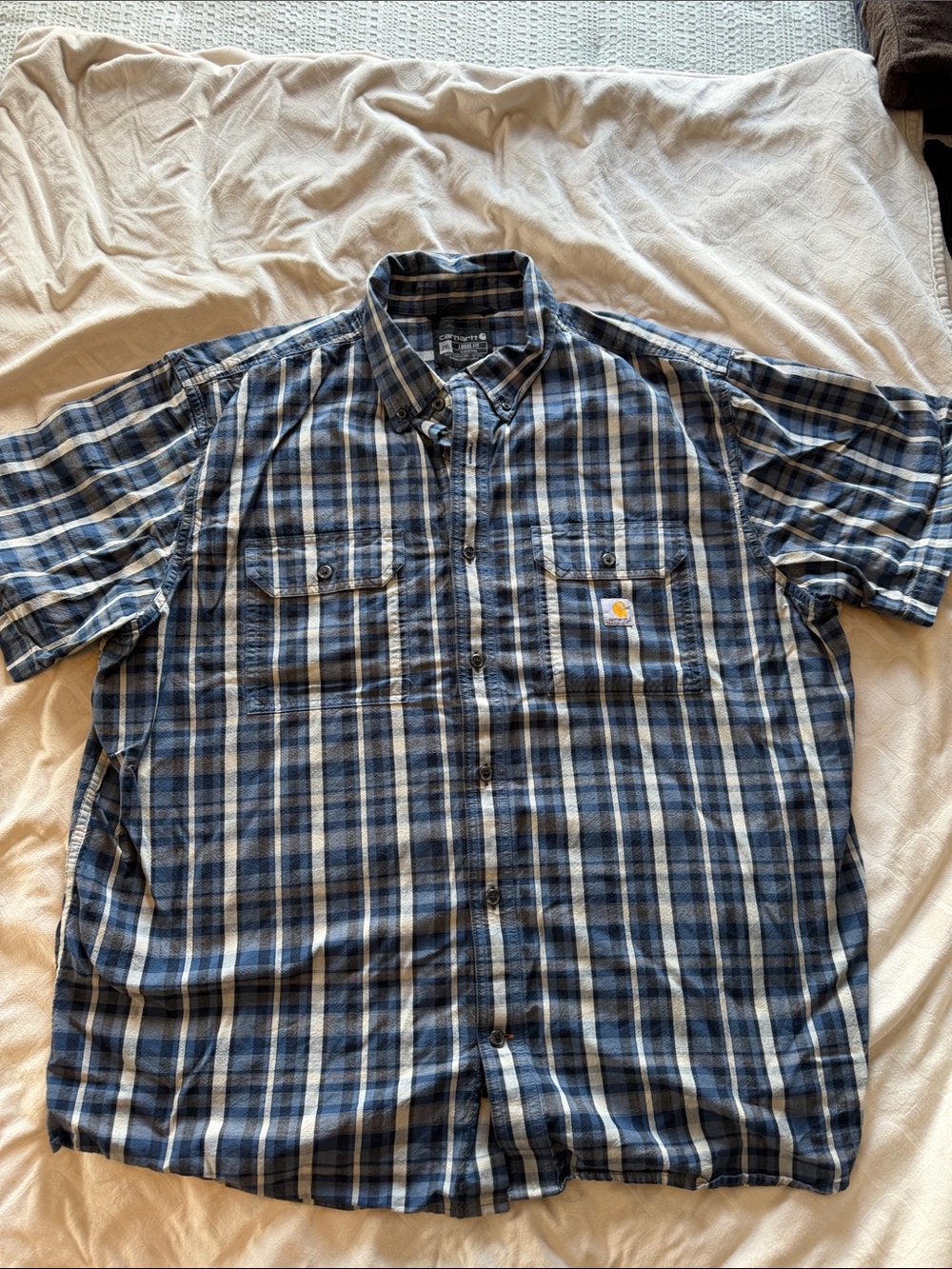 Carhartt Men’s Blue and White Plaid Short-Sleeve Button-Down Shirt